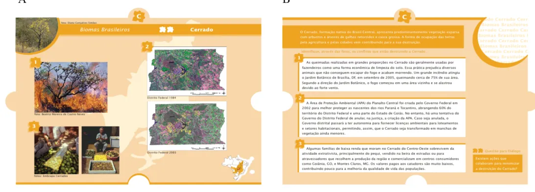 Figura 1. Par de lâminas da abordagem Conflitos socioambientais referente à interseção Biomas Brasileiros X Bioma Cerrado, contendo (A)  fotos de exemplos reais de  situações de conflitos socioambientais, na frente, e (B) seus respectivos textos explicativ