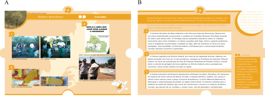 Figura 2. Par de lâminas da abordagem Ações positivas referente à interseção Biomas Brasileiros X Bioma Cerrado, contendo (A) fotos de  exemplos reais de  situações de conflitos socioambientais, na frente, e (B) seus respectivos textos explicativos, no ver