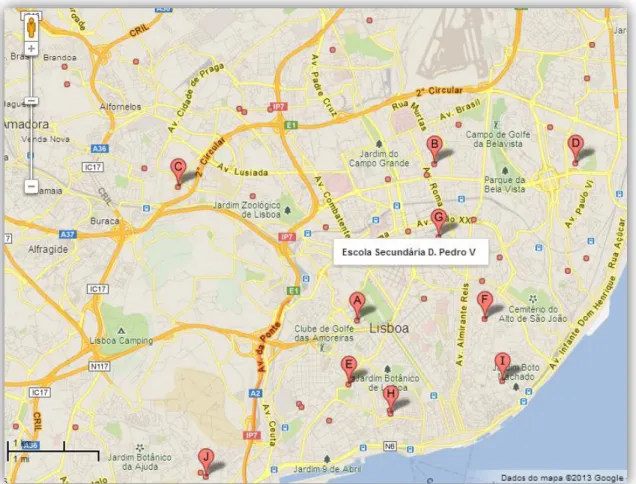 Figura 1 - Escolas Secundárias na região de Lisboa (retirado do Google Maps) 