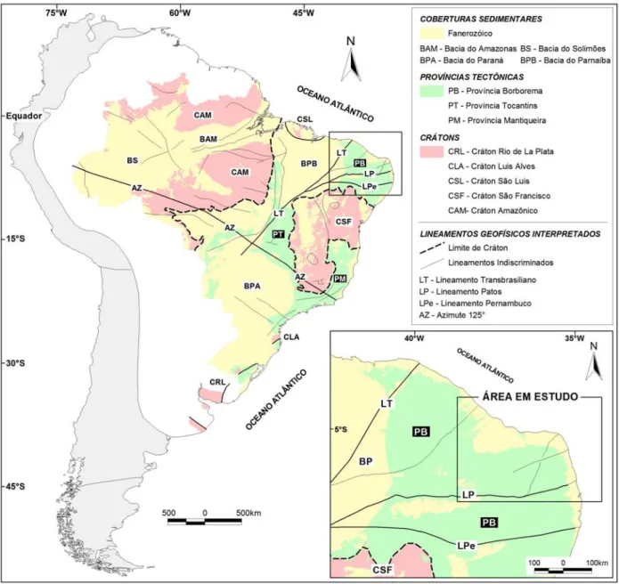 Figura 2.1 – Localização da Província Borborema e da área de estudo no contexto geotectônico da Plataforma  Sul-Americana (modificado de Almeida et al
