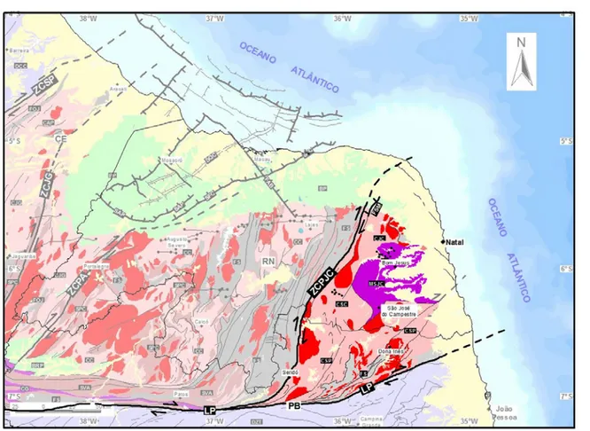 Figura 2.7 – Mapa geológico simplificado da área em estudo, com ênfase no Terreno São José do Campestre  (legenda vide Figura 2.3, modificado de CPRM 2004b, 2004c)