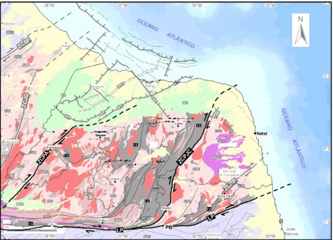 Figura 2.9 – Mapa geológico simplificado da área em estudo, com ênfase no Terreno Seridó (legenda vide  Figura 2.3, modificado de CPRM 2004b, 2004c)