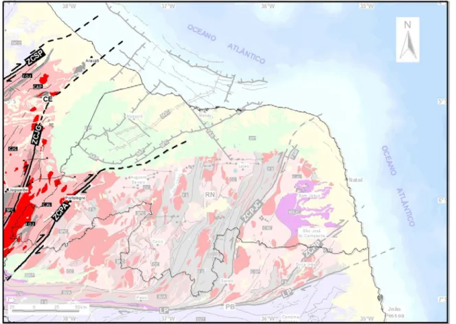 Figura 2.10 – Mapa geológico simplificado da área em estudo, com ênfase no Terreno Jaguaribe (legenda vide  Figura 2.3, modificado de CPRM 2004b, 2004c)