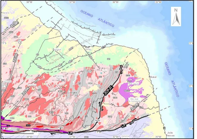 Figura 2.11 – Mapa geológico simplificado da área em estudo, com ênfase no Terreno Granjeiro (legenda vide  Figura 2.3, modificado de CPRM 2004b, 2004c)