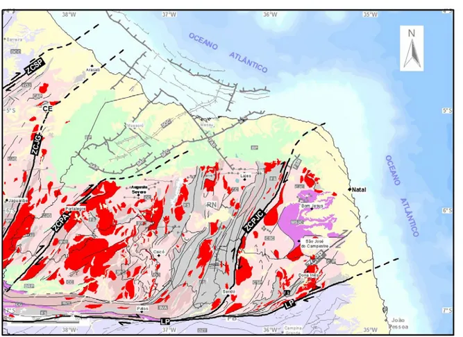 Figura 2.12 – Mapa geológico simplificado da área em estudo, com ênfase nas Intrusões Brasilianas (legenda  vide Figura 2.3, modificado de CPRM 2004b, 2004c)