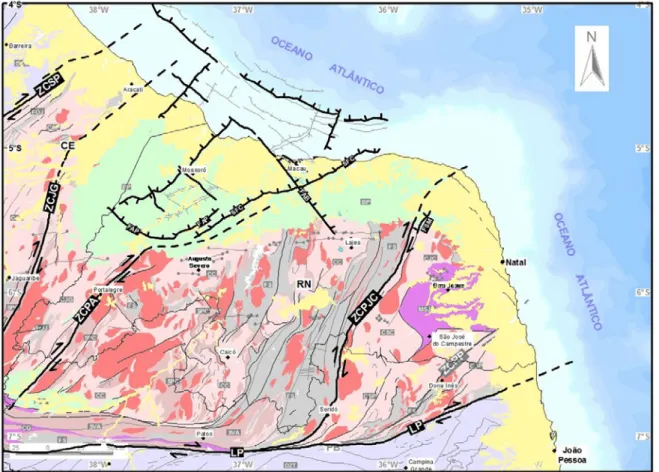 Figura 2.14 – Mapa geológico simplificado da área em estudo, com ênfase nas Coberturas Sedimentares  Cenozóicas (legenda vide Figura 2.3, modificado de CPRM 2004b, 2004c)