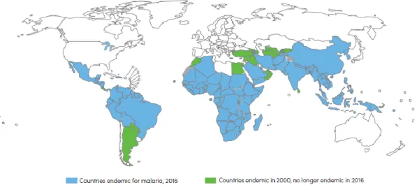 Figura 1.1 – Distribuição global da malária (WHO, 2016). 