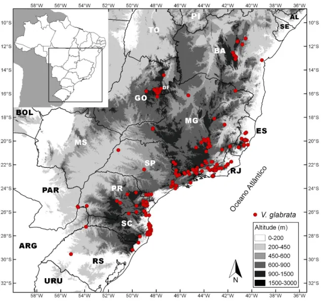 Figura 12. Distribuição geográfica de Verbesina glabrata Hook. &amp; Arn. no Brasil. 