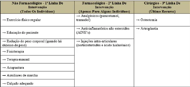 Tabela 5: Tipos de tratamentos da Osteoartrose adaptado da pirâmide de Ross and Juhl (2012)