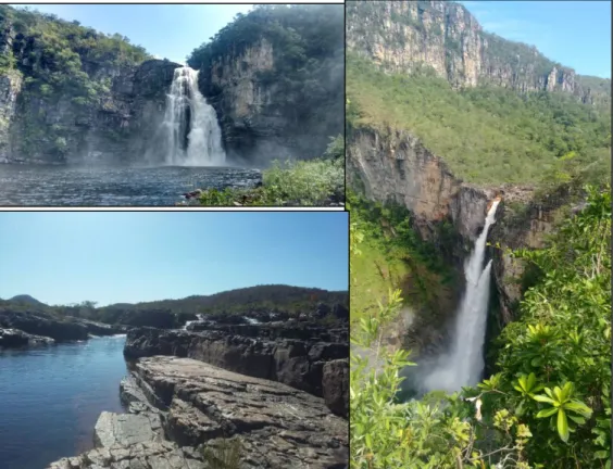 Figura 4: Saltos 80 (acima), Saltos 120 (direita) e Corredeiras (abaixo), cachoeiras localizada no  Parque Nacional da Chapada dos Veadeiros.