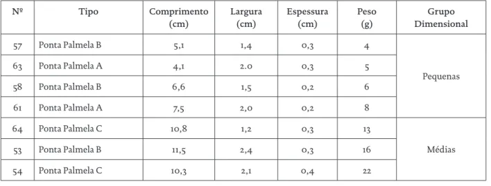 Tabela 1 – Tipologia e dimensões das Pontas Palmela da Gruta das Redondas.