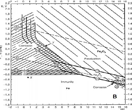Figura 1- Diagrama de Pourbaix para o ferro metálico com identificação dos estados do  sistema eletroquímico (extraído de [1])