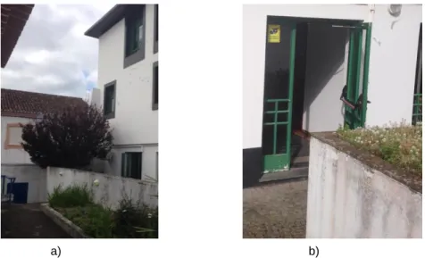 Figura 4.4 - a) – Fachada de tardoz e porta de acesso à Rua dos Italianos; b) – Ponto de penetração fachada de  tardoz; 
