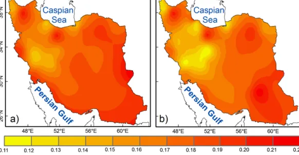 Fig. 3. Spatial patterns of the selected k Rs over Iran for: (a) HS and (b) PMT methods.