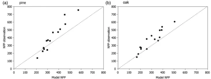 Figure 3 Comparison of modelled NPP (g C m 22 year 21 ) with measured NPP for the analysed plots of pine (a) and oak (b).