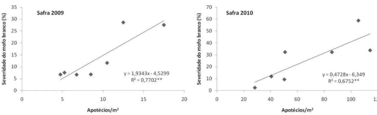 Figura 2 – Relação entre número médio de apotécios/m 2  e severidade (percentual de área  coberta por mofo branco) da doença em feijão comum ‘Pérola’ em campo