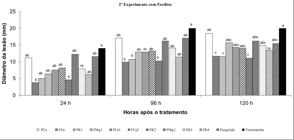 Figura 2. Diâmetro de lesões em frutos de maracujá-amarelo inoculados com Colletotrichum gloeosporioides (10 6  conídios/mL) e submetidos à imersão por 20 min em  solução com diferentes fosfitos (FCu: 25%  P 2 O 5  + 5% Cu – ‘Fitofós Cu’; FZn: 40%  P 2 O 5