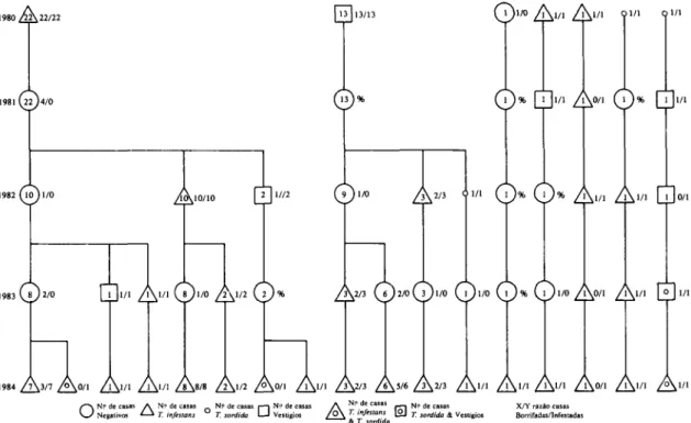 Fig.  1 -  Diagrama do histórico retrospectivo de 40 casas infestadas com T.  infestans em 1984