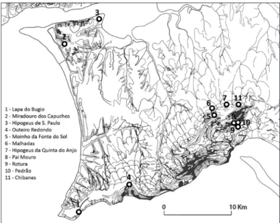 FIG. 1  Sítios (povoados e necrópoles) com cerâmica campaniforme  da Península de Setúbal, citados no texto.