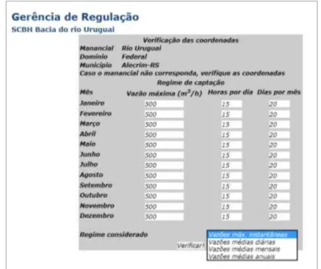 Figura 3.25 – Tela de identificação do manancial e município, detalhamento da demanda e  regime a ser considerado, SCBH via Web 