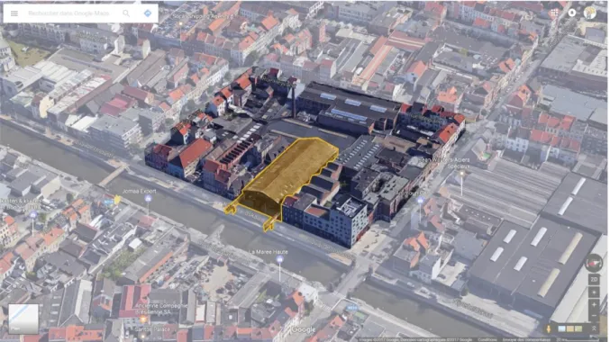 Figure 9 The “Quai de l’Industrie” case study by 2017 (source: Google 3D©). In yellow, the ERDF project implantation