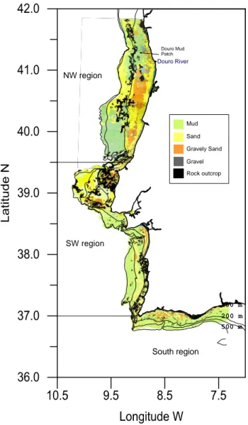 Figure 5 - Bottom sediments of the Portuguese continental shelf and slop down to 500 m  deep (source: Cartas de Pesca do Instituto Hidrográfico)