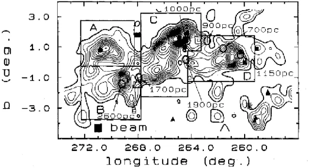 Figura 4: Mapa de contorno de CO(1-0) da Regi˜ ao Molecular da Vela, com os limites das regi˜ oes A, B, C e D (Murphy &amp; May 1991).