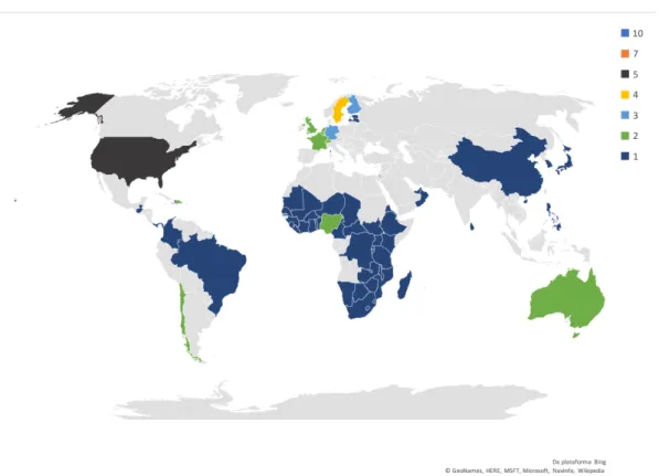 Figura 2. Mapa da distribuição de países envolvidos ou referenciados nos resultados 