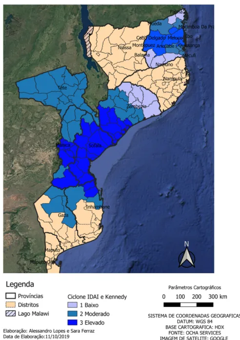 Figura 3. Mapa das áreas afetadas pelos ciclones Idai e Kenneth, Moçambique 2019 