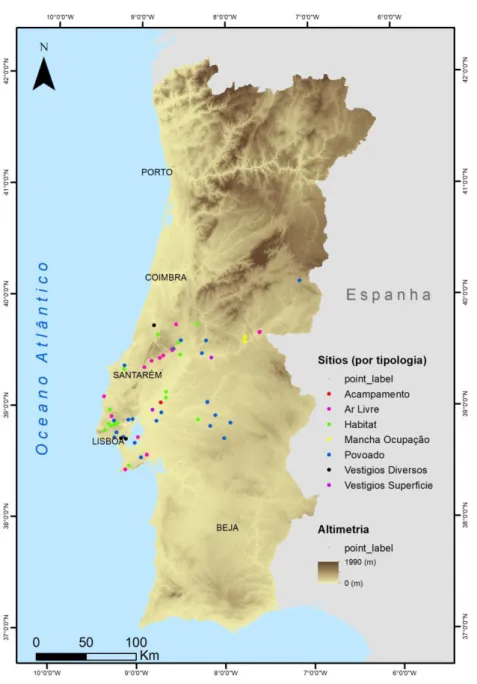 Figura 1- Mapa com os Sítios Arqueológicos usados com base. Fontes (DGPC, EEA, DIVA-GIS) 