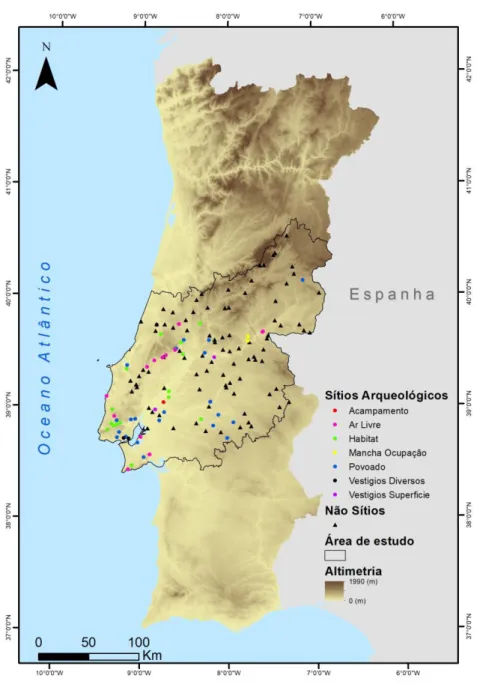 Figura 8 - Mapa com delimitação da área de estudo e Sítios Arqueológicos presentes. (Fontes -  DGPC, DGT, DIVA-GIS) 