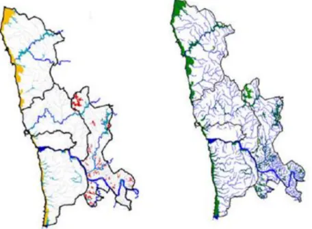 Fig. 6 – Zonas de minimização dos efeitos de risco na AMP, por classe e a totalidade. Fonte: Andresen, 2004b (amarelo  –  zonas  sujeitos  a  erosão  costeira;  azul  claro  –  zonas  sujeitas  a  cheias;  vermelho  –  prevenção  aos  incêndios;  azul  esc