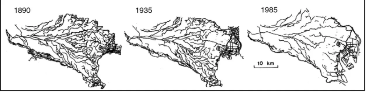 Figura 2.8 - Desaparecimento de cursos de água em Tóquio, entre 1890 e 1985 