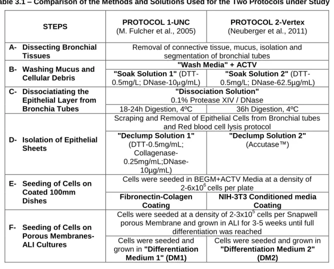 Figure 3.1 – Cell viability obtained with the 2 protocols. Comparative cell viability (in %) assessed  by  staining  with  0.4%  trypan  blue  for  protocols  using  Declump  solution  1  and  2  in  HBE  cells  from  donors,  CF  and  Non-CF  individuals