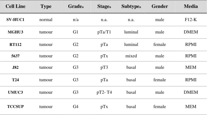 Table 2. Clinicopathologic characterization of bladder cell lines 