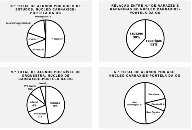 Figura 4.1.: Caracterização dos alunos do núcleo da OG. Representação por gráficos circulares