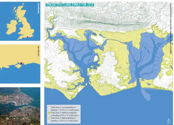 Ilustração 13 – Localização da cidade de Portsmouth e projecção da subida do nível do mar para 2100