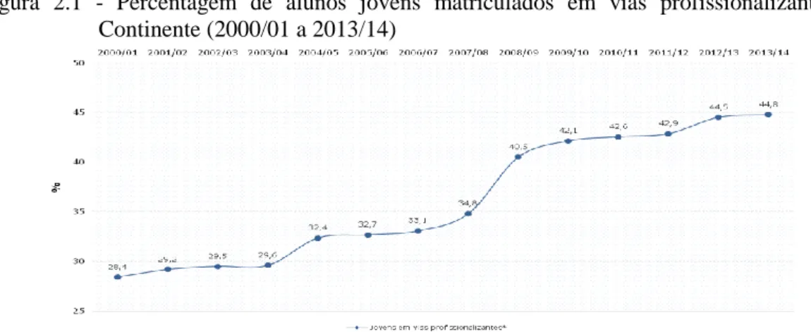 Figura  2.1  -  Percentagem  de  alunos  jovens  matriculados  em  vias  profissionalizantes,  no  Continente (2000/01 a 2013/14) 
