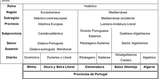 Tabla 1 – Adscripción biogeográfica de las provincias costeras portuguesas continentales  (Rivas-Martínez,  2005) 