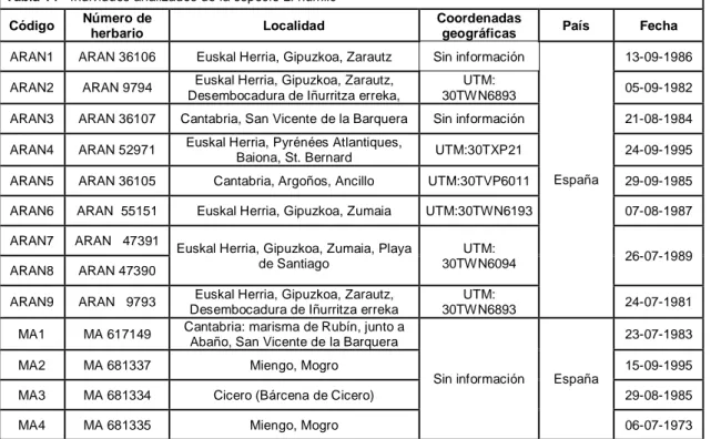 Tabla 14 - Individuos analizados de la especie L. humile  Código  Número de 