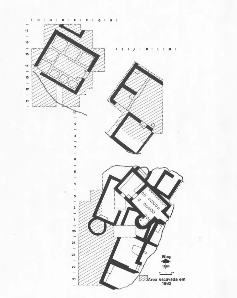 Fig.  1 - Planta  esquemática  das  estruturas  romanas  postas  a  descoberto  na  Ilha  do  Pessegueiro,  com  a  indicação  da  área  escavada  em  1982