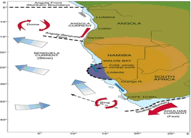 Figura  1.  Os limites  do  vasto ecossistema  da corrente  de Benguela.  A imagem  apresenta as  fronteiras  internas  e  externas  do  ecossistema  marinho  da  Corrente  de  Benguela,  as  suas  caraterísticas  batimétricas  e  correntes  da  superfície