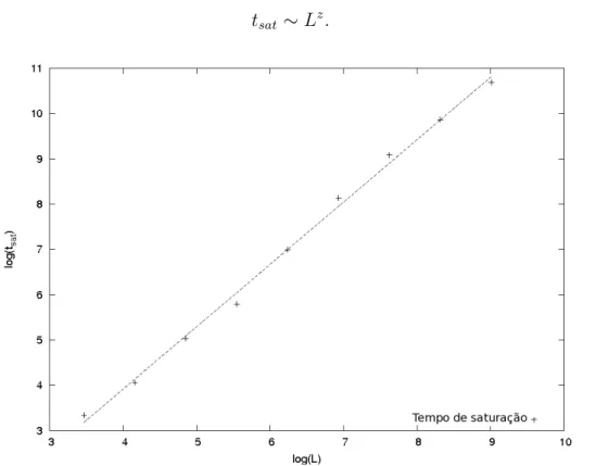 Figura 2.6: Gr´ afico do logaritmo do tempo de satura¸c˜ ao em fun¸c˜ ao do logaritmo do comprimento.