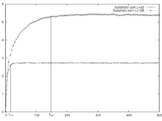 Figura 3.2: Evolu¸c˜ ao temporal da rugosidade para substratos com L=32 e L=128.