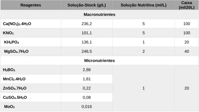 Tabela 3. Macro e micronutrientes presentes na solução nutritiva de Hoagland, utilizada como meio de cultura