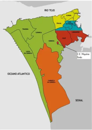 Figura 4.4 - Mapa do concelho de Almada(fonte: smasalmada.pt) com indicação da localização da EB 1  Miquelina Pombo no concelho 
