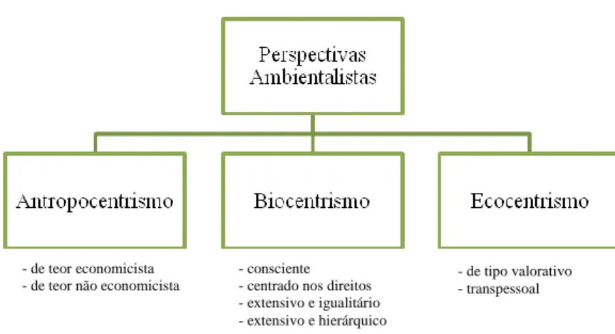 Figura 1.1 - As diferentes perspetivas ambientalistas e o conjunto de teorizações particulares  (Almeida, 2007)