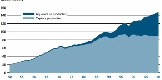 Figura 1: Evolução da produção de aquacultura e das capturas da pesca entre 1950 e 2010 [FAO, 2012]