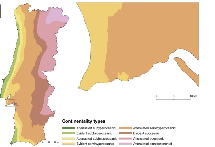 Figure 4 – Continentality types present in Portugal, and particularly in the Arrábida according to Rivas Martínez 2008
