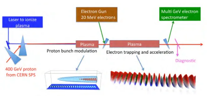 Figure 3. Conceptual design of the AWAKE experiment, showing the major sections and description of expected effects.